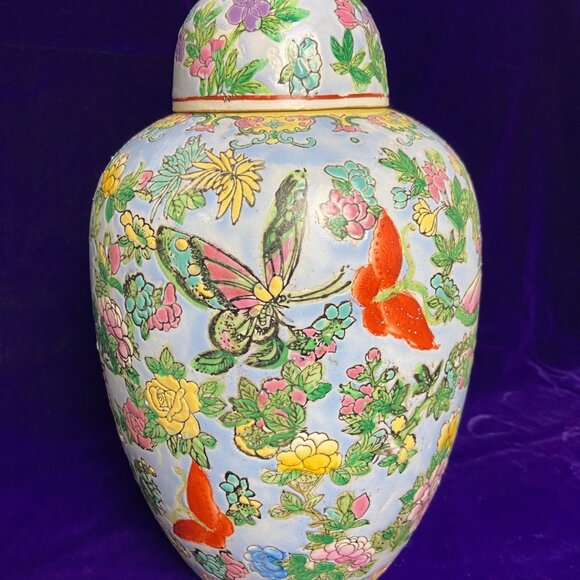 Famille Vintage CHINOISERIE Chinese Enameled Ginger Jar Large 12.3/4" Tall